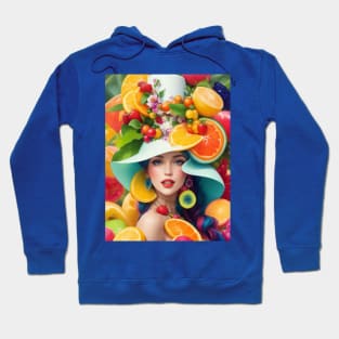 А woman with a white hat and some colorful fruity Hoodie